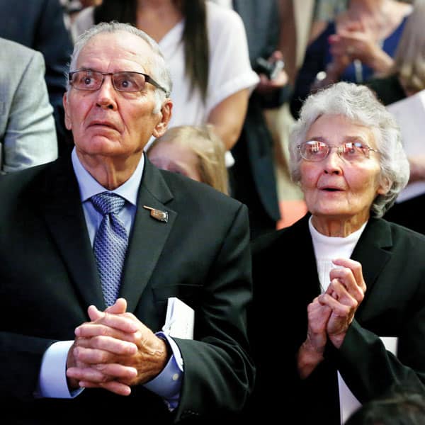 Father Stanley Rother's siblings Tom and Sister Marita Rother attend their brother's beatification Mass in a packed Cox Convention Center.