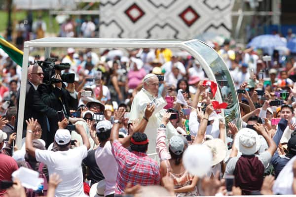 Pope Francis arrives for a meeting with indigenous people in Peru's Amazon region, which the pope called "holy ground."