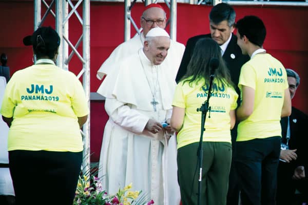 World Youth Day, 2019: Pope Francis personally thanks World Youth Day volunteers at Panama City's Rommel Fernandez Stadium on the last day of the global event. (CNS/C.Munz)