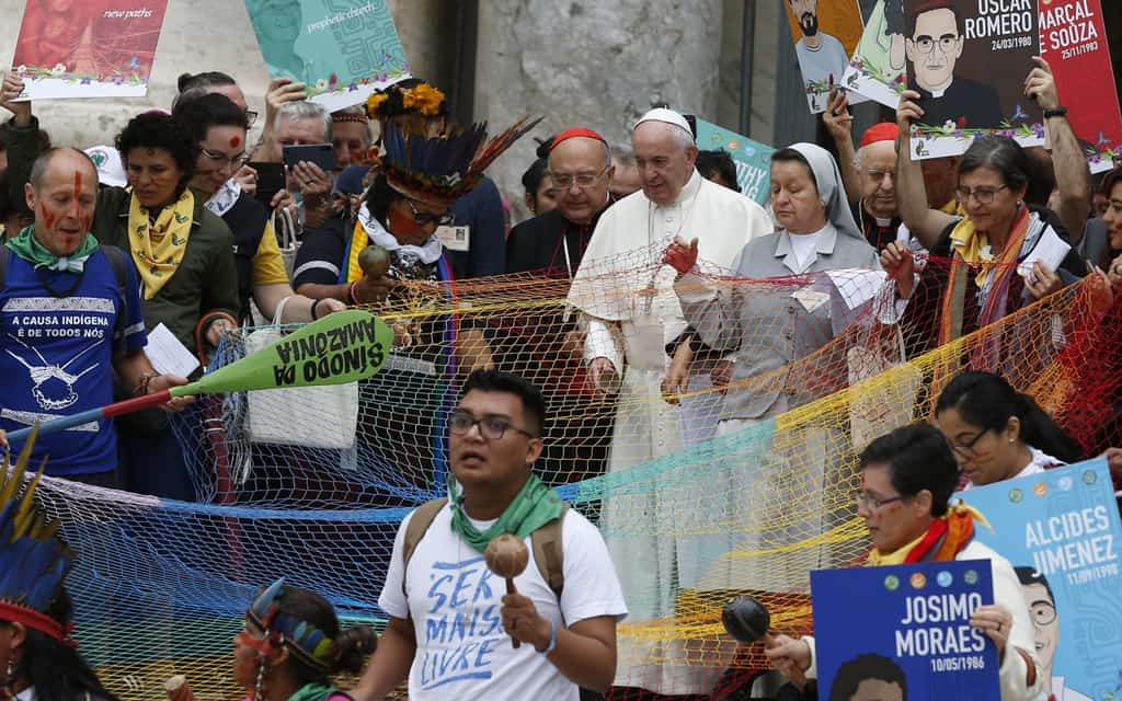 Pope Francis walks in a procession at the start of the first session of the Synod of Bishops for the Amazon at the Vatican Oct. 7, 2019.Some bishops say indigenous culture can enrich Catholic liturgy. (CNS/Paul Haring)
