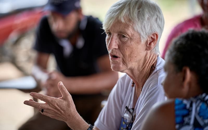 U.S. Sister Kathryn "Katy" Webster, a member of the Sisters of Notre Dame de Namur from the United States, talks with farmers in the countryside near Anapu, in Brazil's northern Para state. (CNS photo/Paul Jeffrey