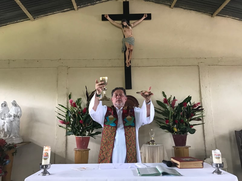 Jesuit Father Alfredo Ferro celebrates Mass July 14, 2019, in the indigenous community of Nazaret, Colombia. In Pope Francis' postsynodal apostolic exhortation, "Querida Amazonia," released Feb. 12, 2020, the pontiff acknowledged the serious shortage of priests in remote areas of the Amazon, but he insisted not all avenues have been exhausted to address the issue. (CNS photo/David Agren)