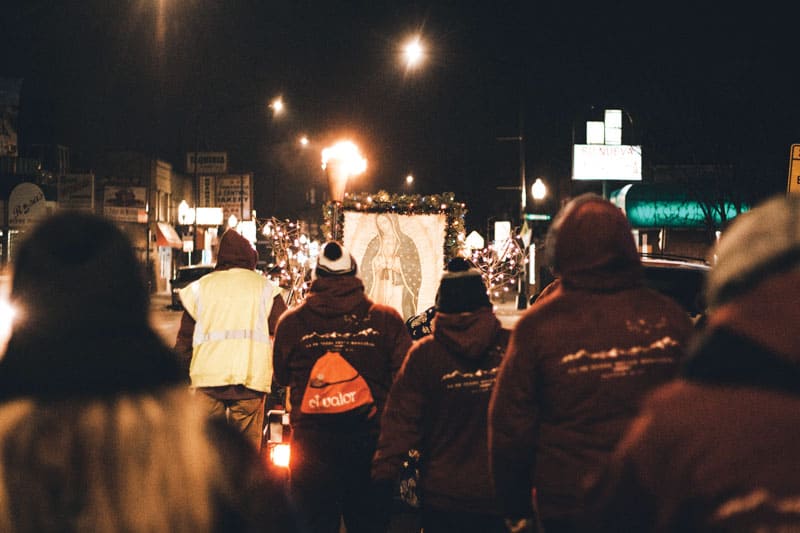 After honoring Our Lady of Guadalupe at the Sanctuary of Our Lady of Guadalupe in Des Plaines, Ill., Warriors of Peace return to St. Gall parish in Chicago. (Alberto Rodriguez/U.S.)