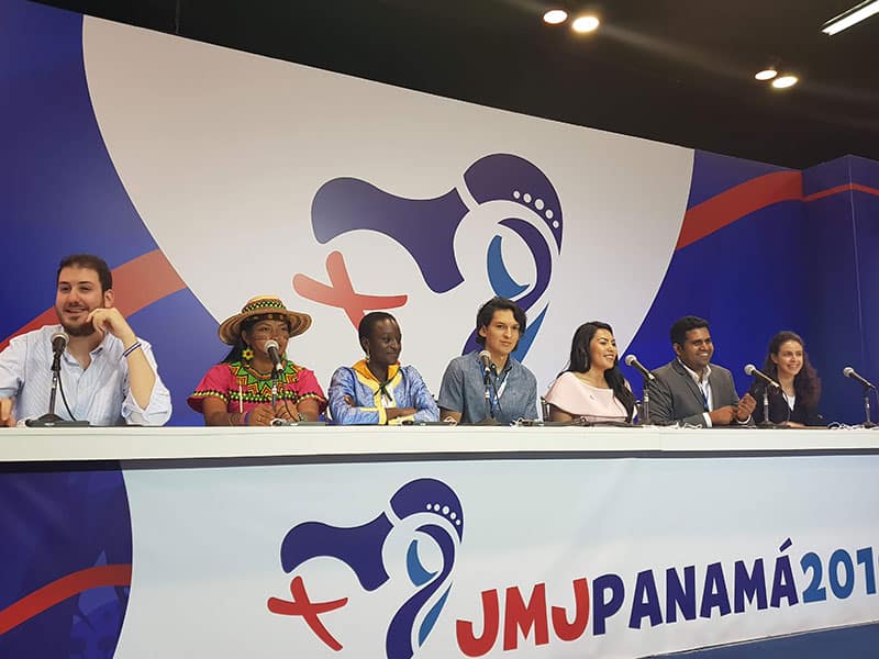 Brenda Noriega (third from right) with other young people who participated in a private lunch with the Holy Father at World Youth Day in Panama. (CNS/Panama)