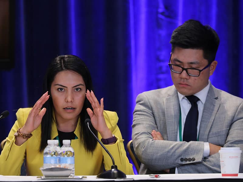 Brenda Noriega with Brian Rhude during a press conference at the United States Catholic Assembly in Baltimore. (CNS/Baltimore)