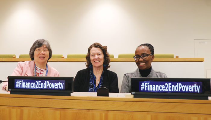 Sister Lacson, Lisa Sullivan and Maryknoll Sister Susan Nchubiri (left to right), of the Maryknoll Office for Global Concerns, attend a session at the U.N. (Lynn Monahan/U.S.)